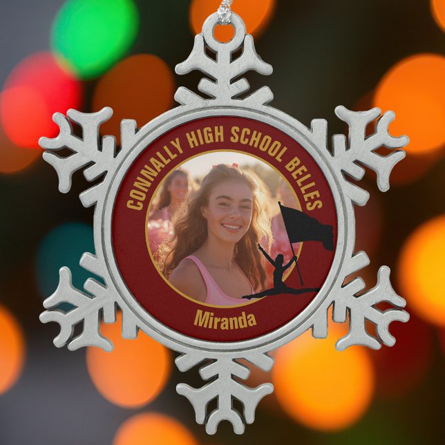 Maroon Gold Color Guard Photo High School Dancer Schneeflocken Zinn-Ornament (Von Creator hochgeladen)