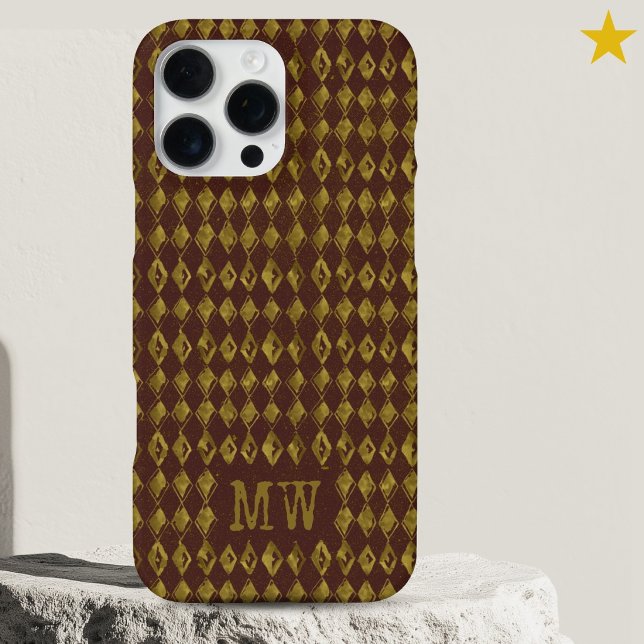 Maroon Gold Doodle Diamond Pattern Custom Monogram iPhone Hülle (Von Creator hochgeladen)