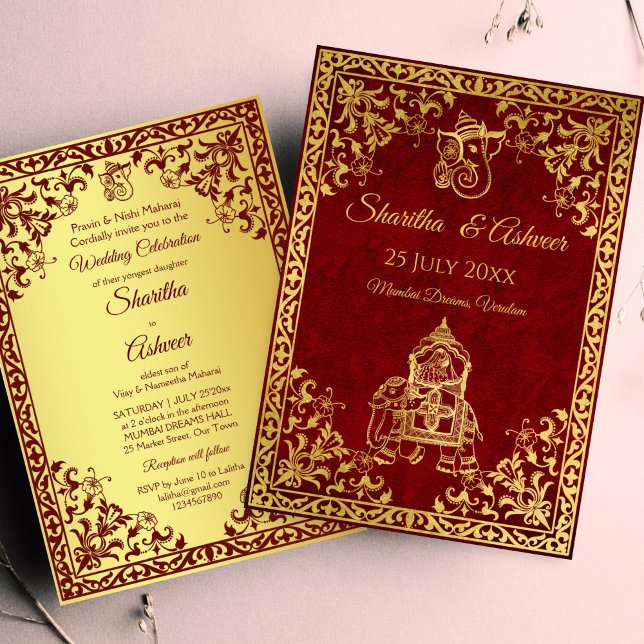 Maroon Gold Elefant indische Bräute Luxus Hochzeit Einladung (Maroon and gold Indian wedding elephant Indian brides luxury Invitation template instant download)