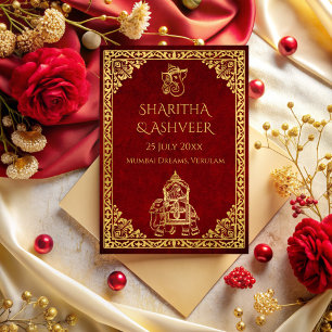 Maroon Gold Elefant indische Bräute Luxus Hochzeit Einladung