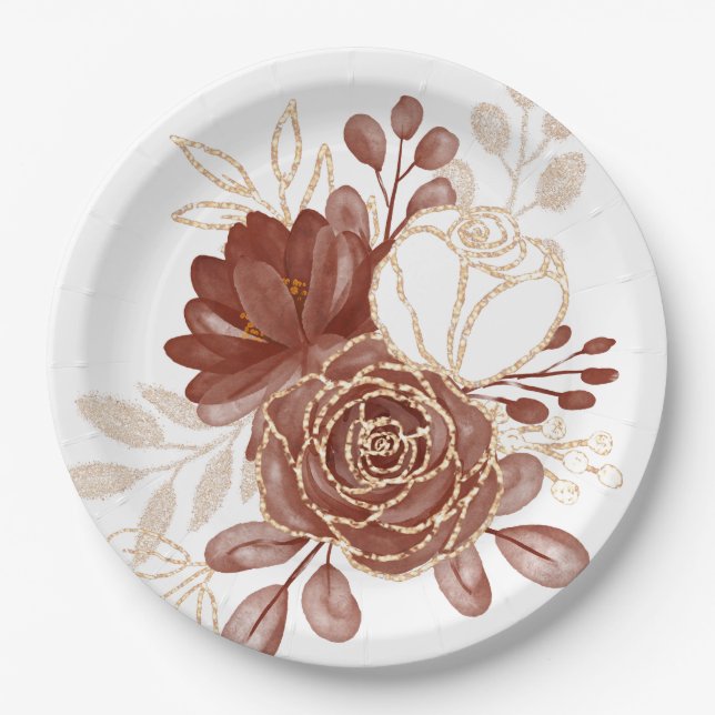 Maroon Gold Floral Pappteller (Vorderseite)