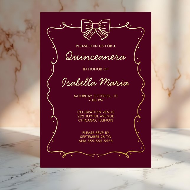 Maroon Gold Foil Quinceañera Einladung Hand Drawn (Von Creator hochgeladen)