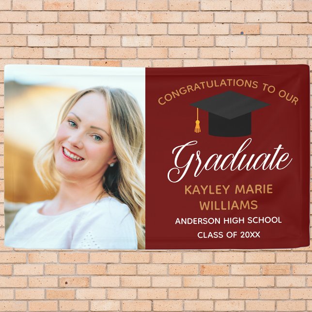 Maroon Gold Graduate Foto Graduate Party Banner (Von Creator hochgeladen)