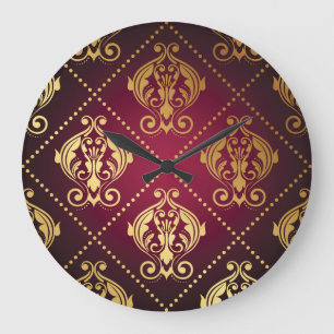 Maroon Gold Ornament Vintage Tapete Große Wanduhr