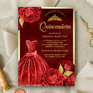 Maroon Gold Quinceanera, glänzende Gown-Rote Rosen Einladung
