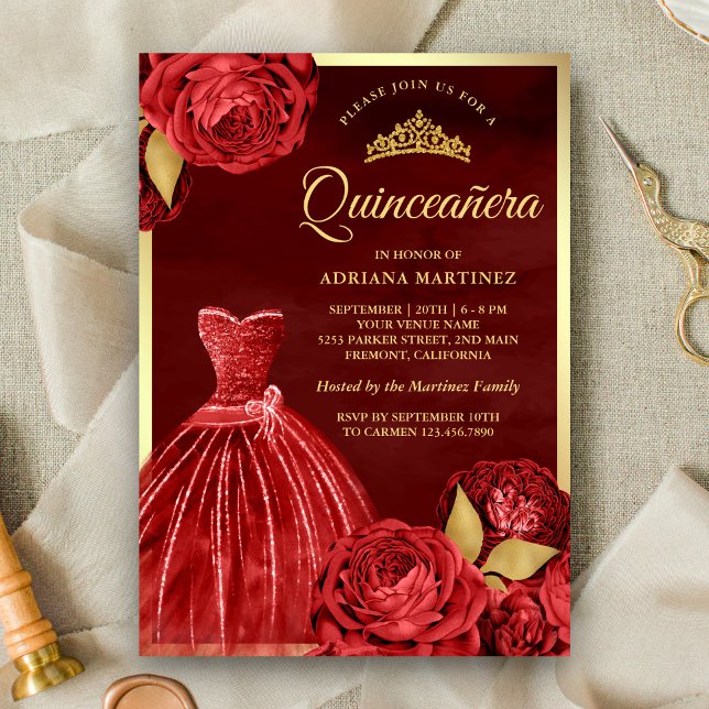 Maroon Gold Quinceanera, glänzende Gown-Rote Rosen Einladung (Von Creator hochgeladen)
