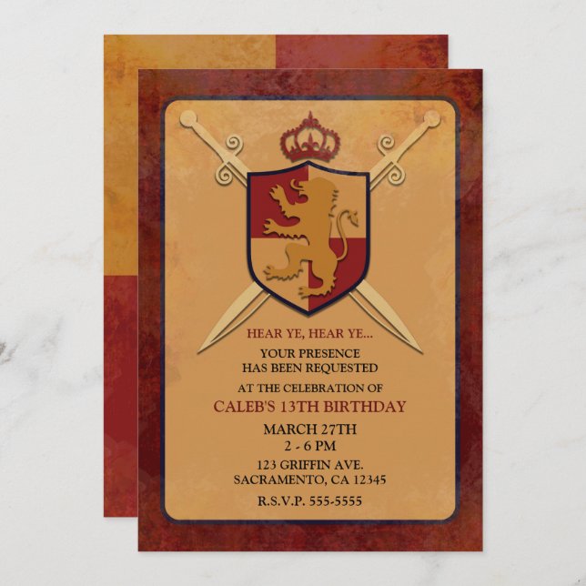 Maroon & Gold Royal Knight Griffin Shield Party Einladung (Vorne/Hinten)