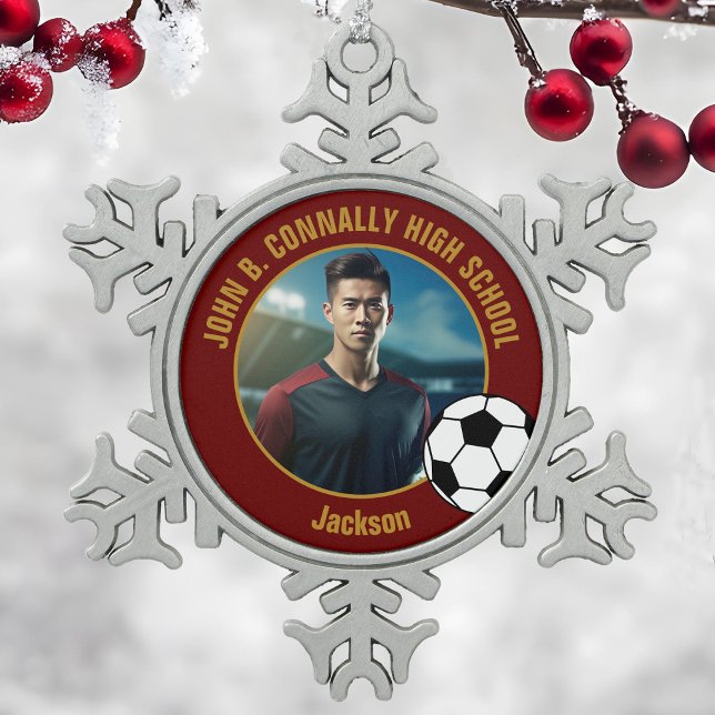Maroon Gold Soccer Player Photo High School Schneeflocken Zinn-Ornament (Von Creator hochgeladen)