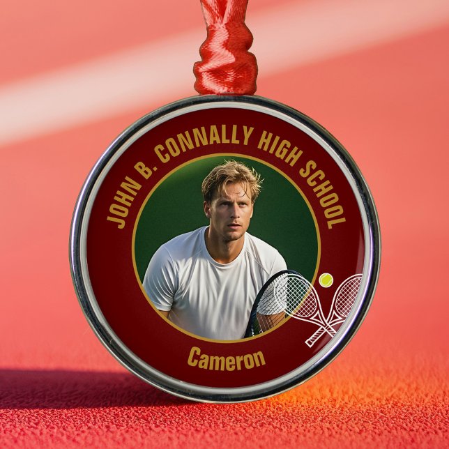 Maroon Gold Tennis Player Photo Christmas Gift Ornament Aus Metall (Von Creator hochgeladen)