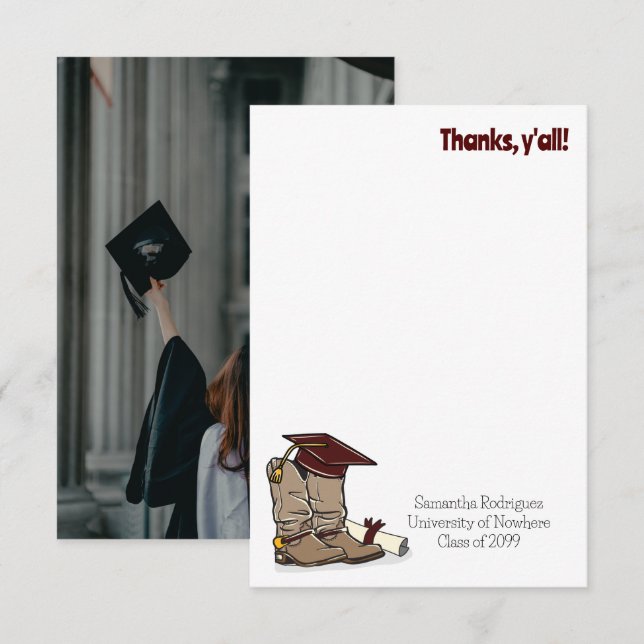 Maroon Graduation Cap und Cowboy Boot Dankeskarte (Vorne/Hinten)