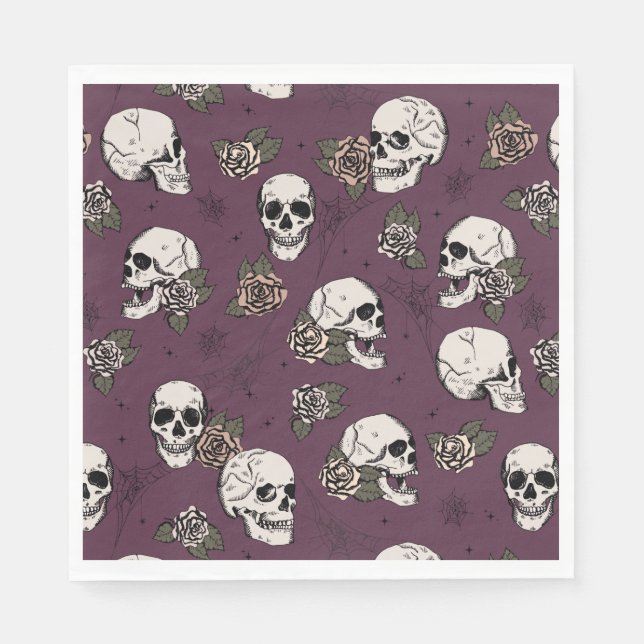 Maroon Green Gothic Skulls und Rose Halloween Serviette (Vorderseite)