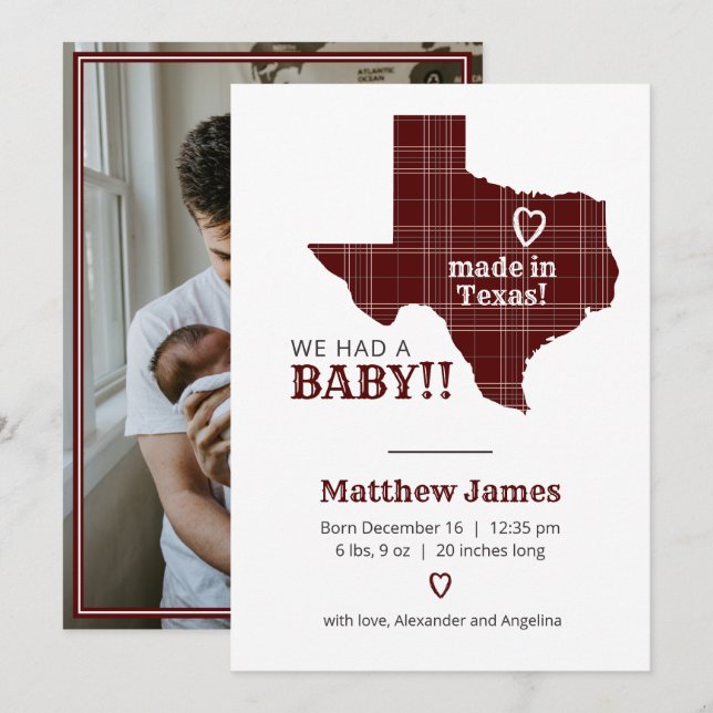 Maroon Kariert Made in Texas Vertikal Foto Ankündigung (Vorne/Hinten)