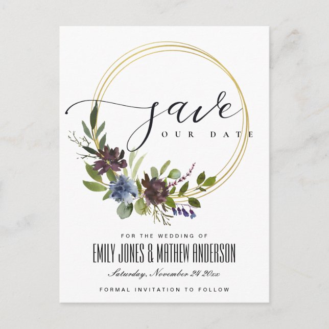 MAROON KRAFT BLOOM FOLIAGE WREATH SAVE THE DATE ANKÜNDIGUNGSPOSTKARTE (Vorderseite)