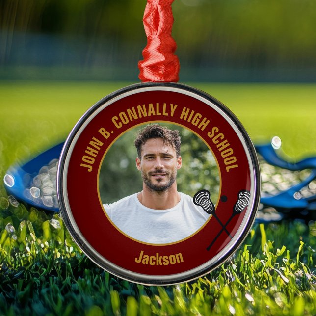 Maroon Lacrosse Player Photo High School Christmas Ornament Aus Metall (Von Creator hochgeladen)