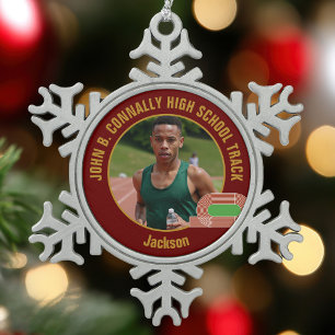 Maroon Leichtathletik-Foto High School Läufer Schneeflocken Zinn-Ornament
