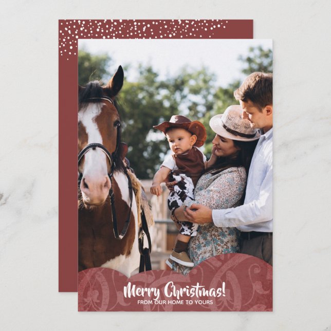 Maroon Linen Filigree Foto Weihnachtskarte Feiertagskarte (Vorne/Hinten)