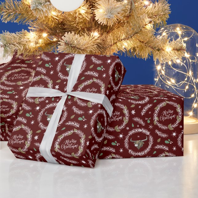 Maroon Longhorn Bull in Weihnachtskranz Geschenkpapier (Feiertage)