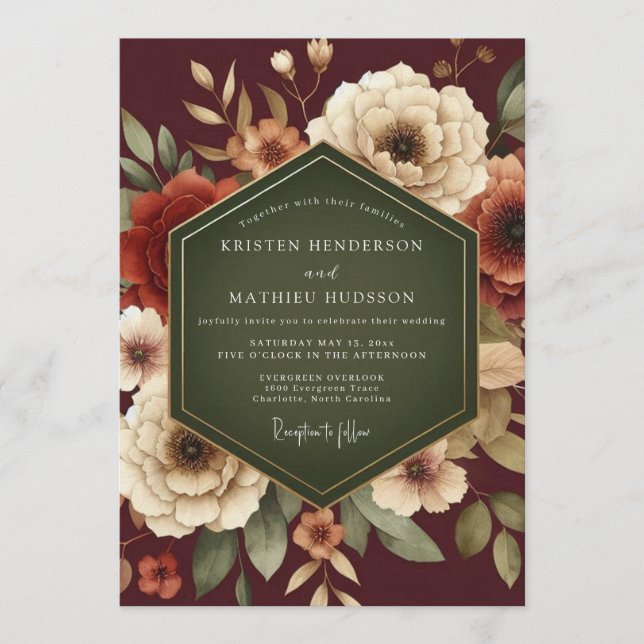 Maroon Lush Autumnal Wedding Einladung (Vorderseite)