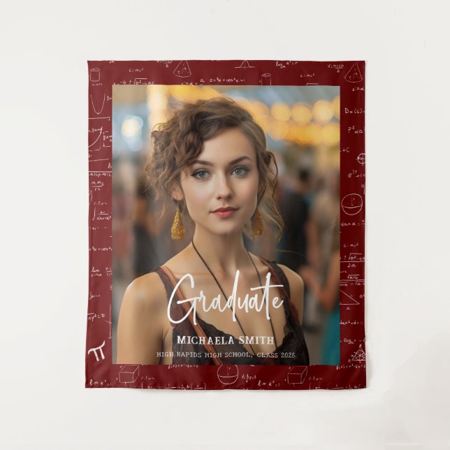 Maroon Math Handwritten Script Photo Graduation  Wandteppich (Vorderseite)