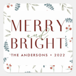 Maroon Merry Bright Christmas Botanische Familie Quadratischer Aufkleber