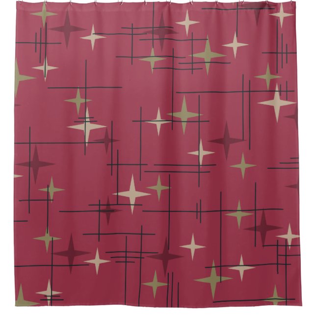 Maroon Mid Century Modern Stars Duschvorhang (Vorderseite)