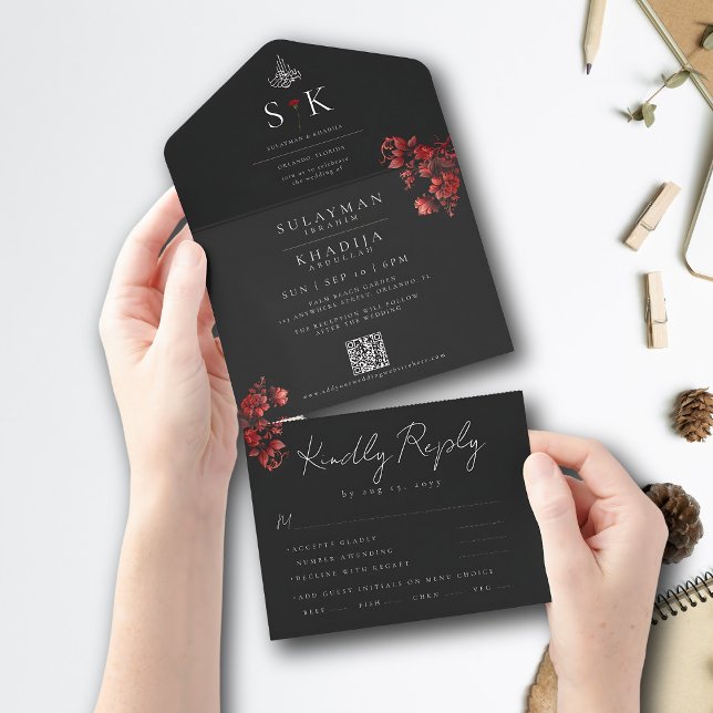 Maroon Minimal Elegant B&W Islamische Hochzeit All In One Einladung (Von Creator hochgeladen)