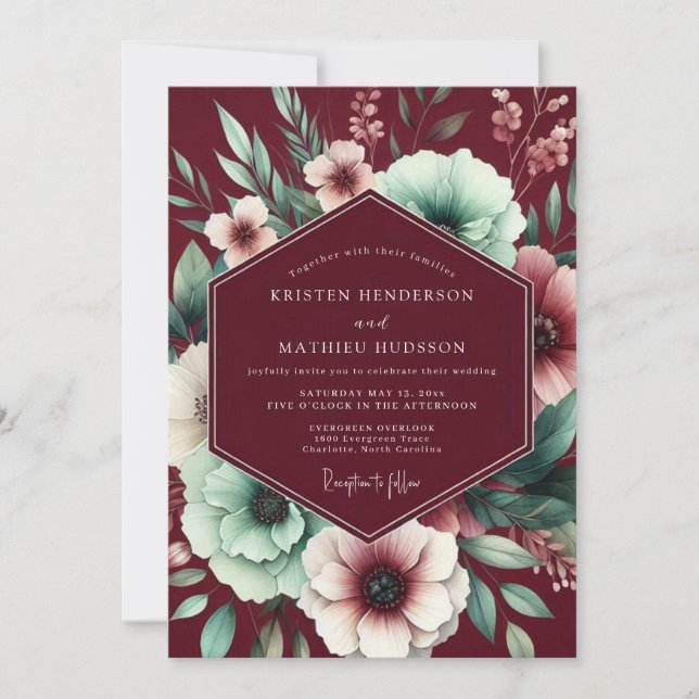 Maroon Mint Poetic Bloom Wedding Einladung (Vorderseite)