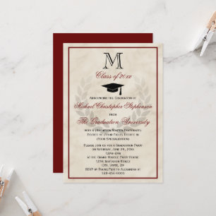 Maroon Monogram Wreath Classic Uni-Abschluss Einladung