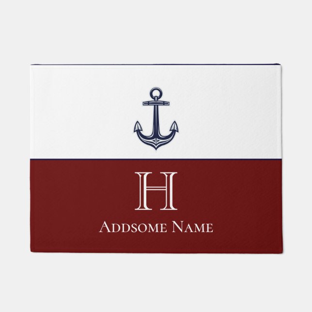 Maroon Nautic Navy Blue Anchor Coastal Monogram Fußmatte (Vorderseite)