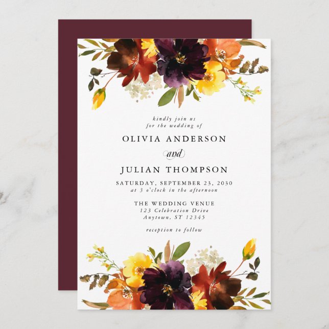 Maroon & Orange Fall Floral Watercolor Wedding Einladung (Vorne/Hinten)