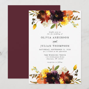 Maroon & Orange Fall Floral Watercolor Wedding Einladung