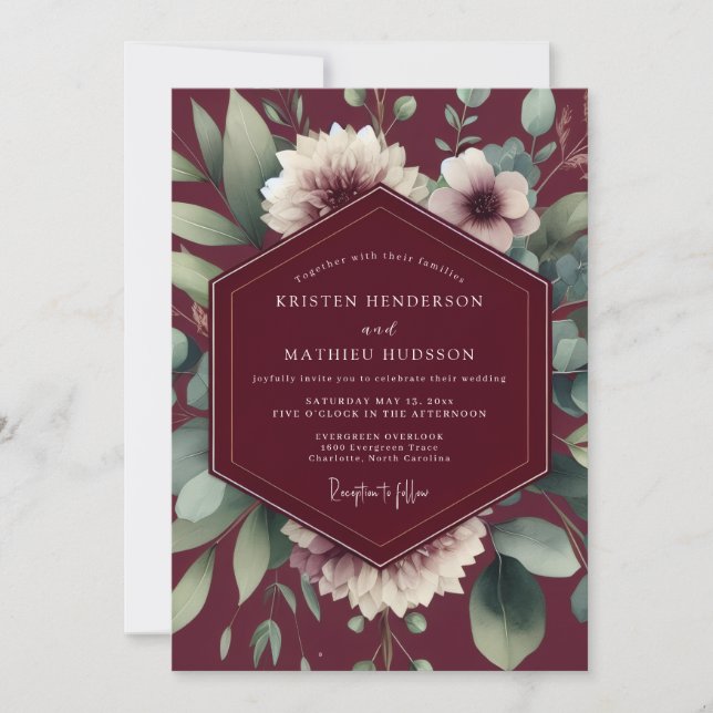Maroon Painterly Flora Wedding Einladung (Vorderseite)