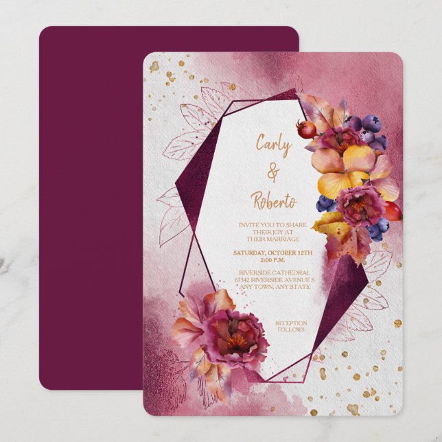 Maroon Pink Floral Moderne geometrische Rahmen Hoc Einladung (Vorne/Hinten)
