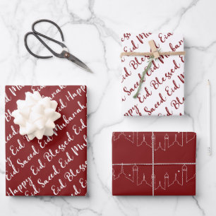 Maroon Red Eid Calligraphy Masjid Muster Design Geschenkpapier Set