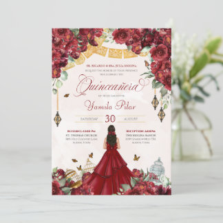 Maroon Red Floral Butterfly Elegant Quinceanera v2 Einladung