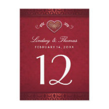 Maroon Red Floral Heart Tischnummer Cards