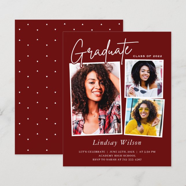 Maroon Red Girl 3 Foto Graduierung Einladungen (Vorne/Hinten)