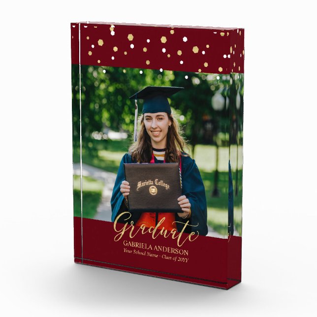 Maroon Red & Gold Confetti Abschluss Gift Fotoblock (Rechts)
