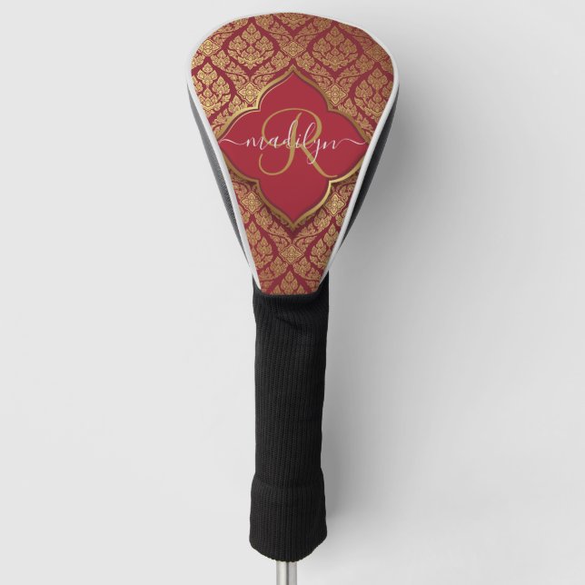 Maroon Red Gold Fleur Damask Muster Monogram Golf Headcover (Vorderseite)