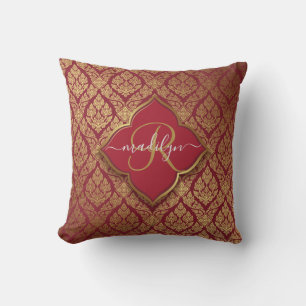 Maroon Red Gold Fleur Damask Muster Monogram Kissen