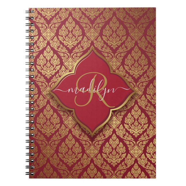 Maroon Red Gold Fleur Damask Muster Monogram Notizblock (Vorderseite)