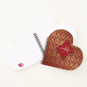 Maroon Red Gold Fleur Damask Muster Monogram Notizbuch