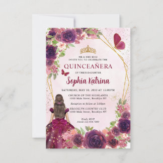 Maroon Red Gold Floral Princess Quinceañera Mitteilungskarte