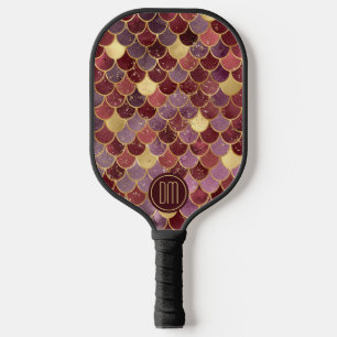 Maroon Red Gold Glitter Mermaid Scales Monogram Pickleball Schläger