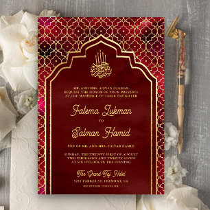 Maroon Red Gold marokkanische Arch Moslem-Hochzeit Einladung
