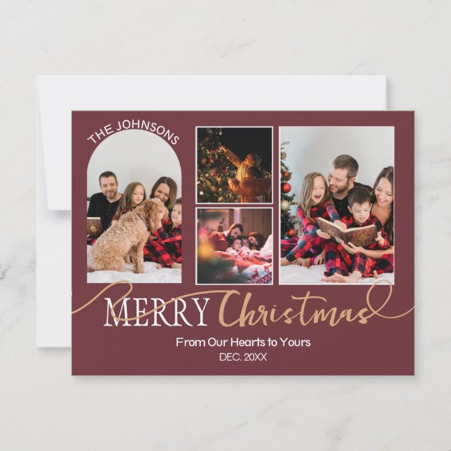 Maroon Red Gold Script Weihnachten Moderne Collage (Vorderseite)