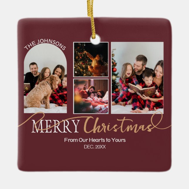 Maroon Red Gold Script Weihnachten Moderne Collage Keramikornament (Vorderseite)