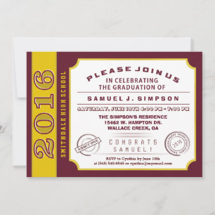 Maroon Red & Gold Ticket Abschluss 2016 Einladung