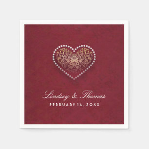 Maroon Red Gold & White Floral Heart Wedding Serviette