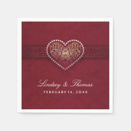 Maroon Red Gold & White Floral Heart Wedding Serviette